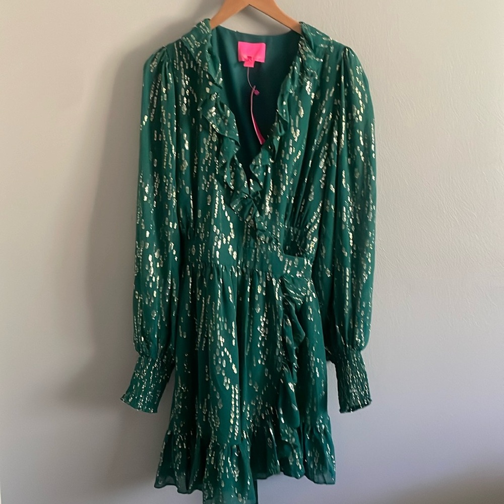 Lilly Pulitzer Emerald Green Mini Dress with Gold Metallic Fleck